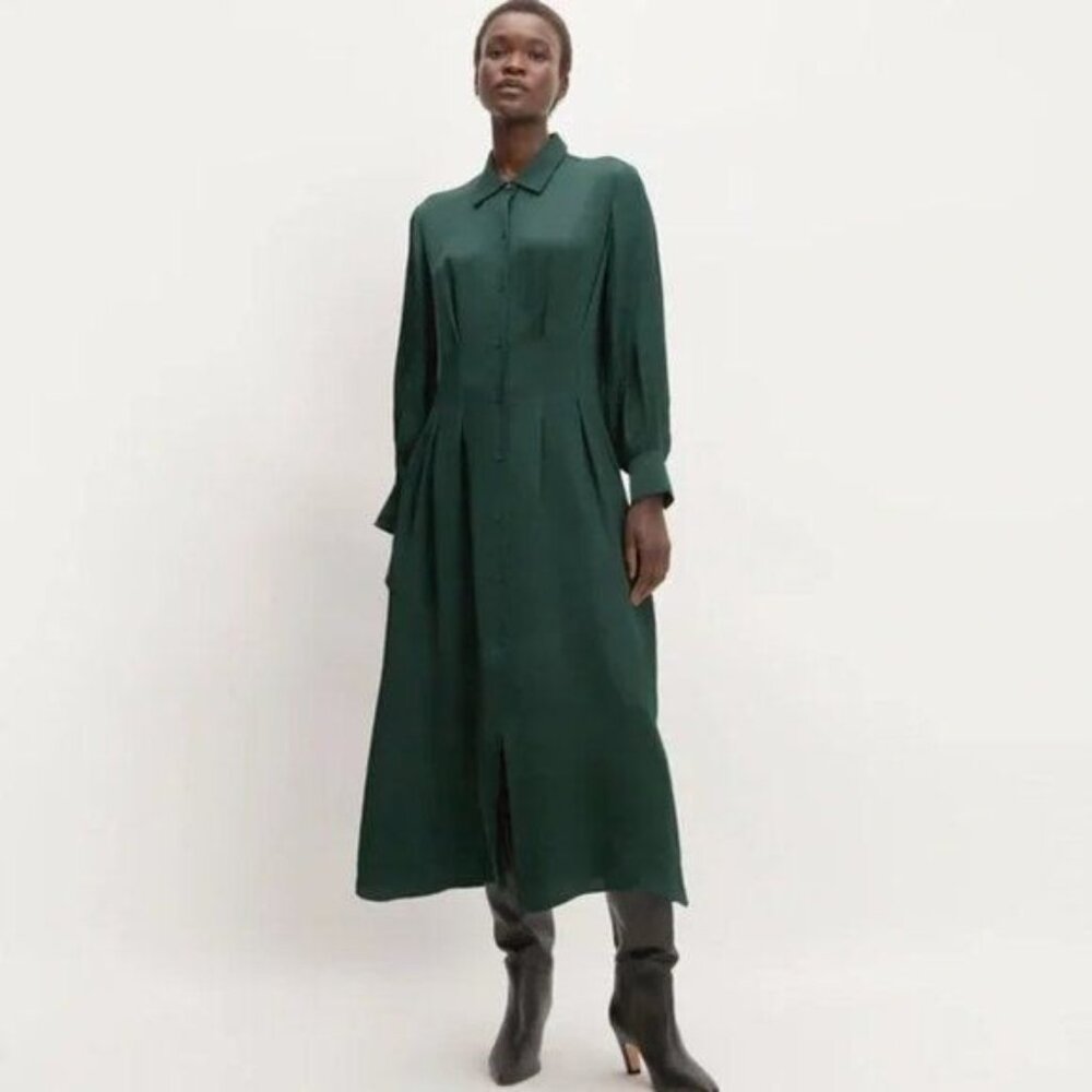 Everlane women's 6 dark green The hammered Satin shirt dress midi button down